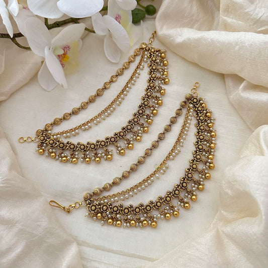 Stylish 3 Layer Pearl & Gold Bead Maatil-Ear Chain-G14256