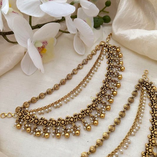 Stylish 3 Layer Pearl & Gold Bead Maatil-Ear Chain-G14256