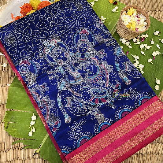 Ink Blue with Pink Border Silk Cotton Kalamkari Saree-VS4165