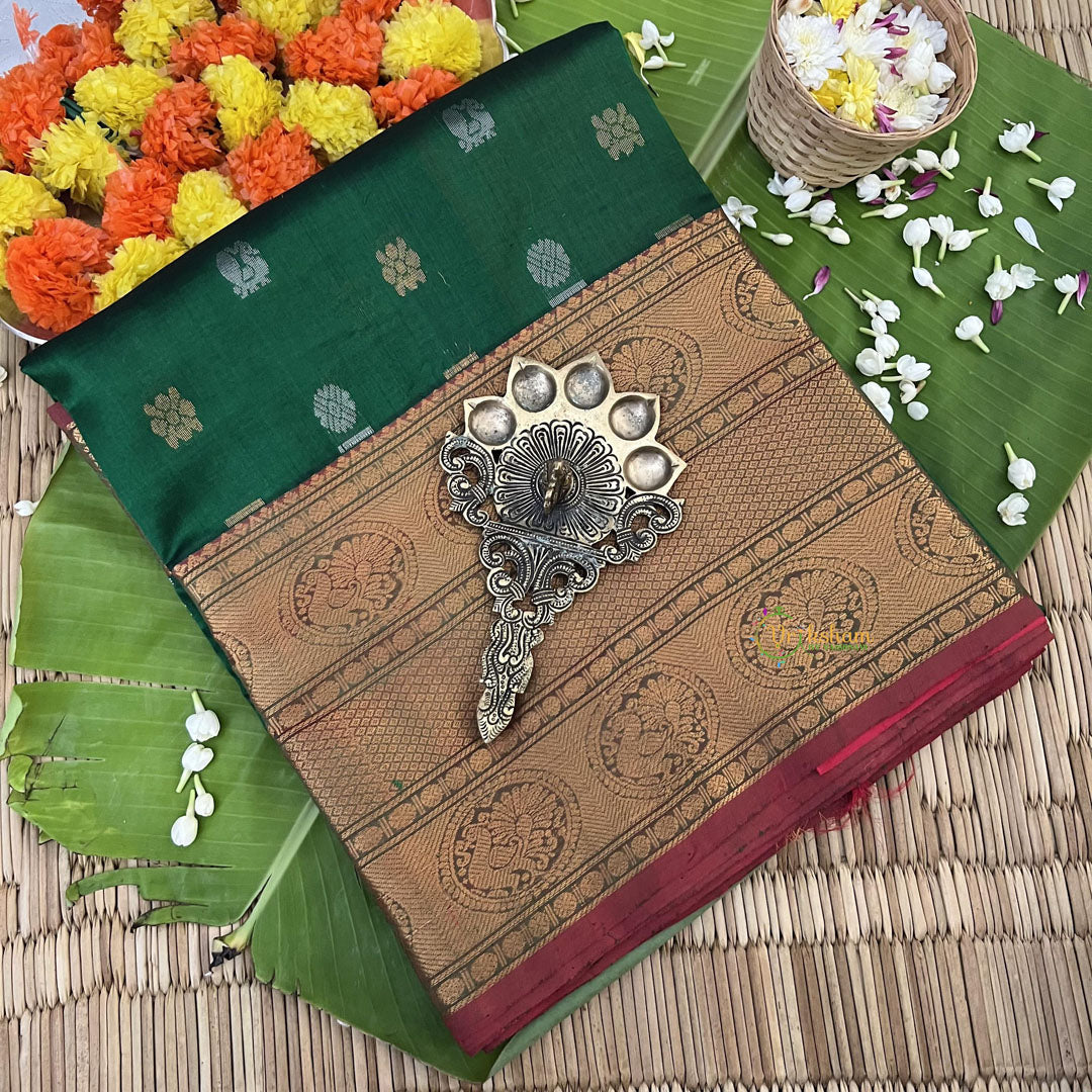 Green with Maroon Korvai Silk Cotton Saree -VS1596