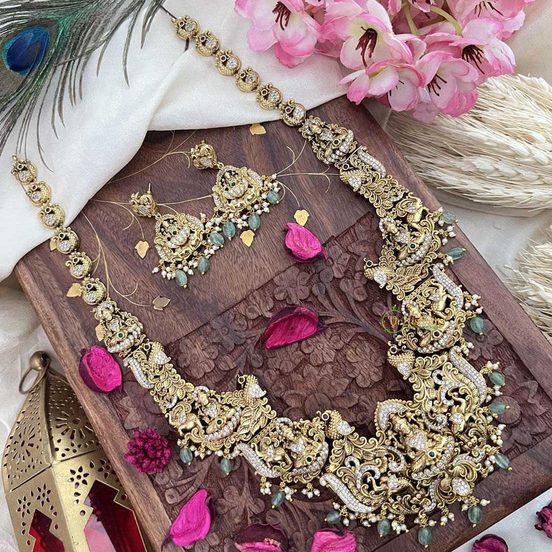 Vriksham AD Stone Lakshmi With Peacock & Elephant Long Neckpiece-Pastel Green Bead-G18045