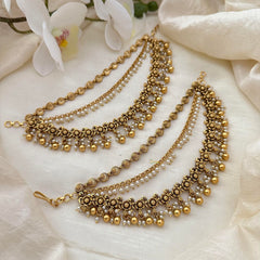 Stylish 3 Layer Pearl & Gold Bead Maatil-Ear Chain-G14256