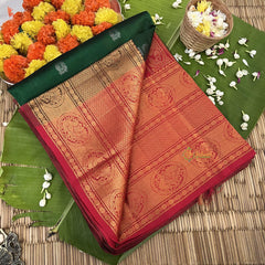 Green with Maroon Korvai Silk Cotton Saree -VS1596