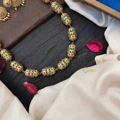 Vriksham Antique Gold Barrel Emerald Inspired Beaded Mala Neckpiece-G21989