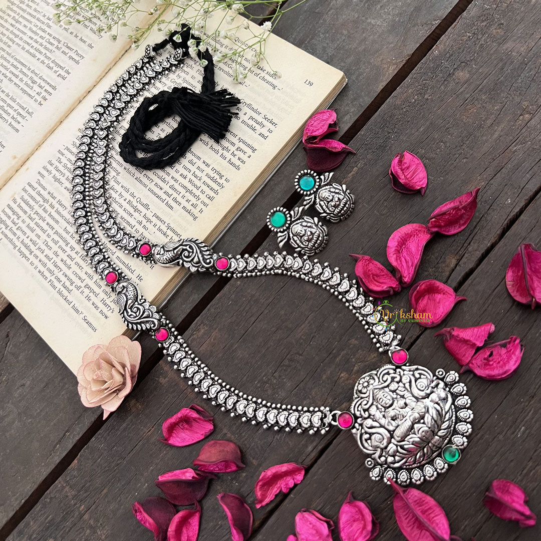 Vriksham Antique Oxidized Silver Temple Goddess Lakshmi Pendant & Heart Chain Long Haram-S1011