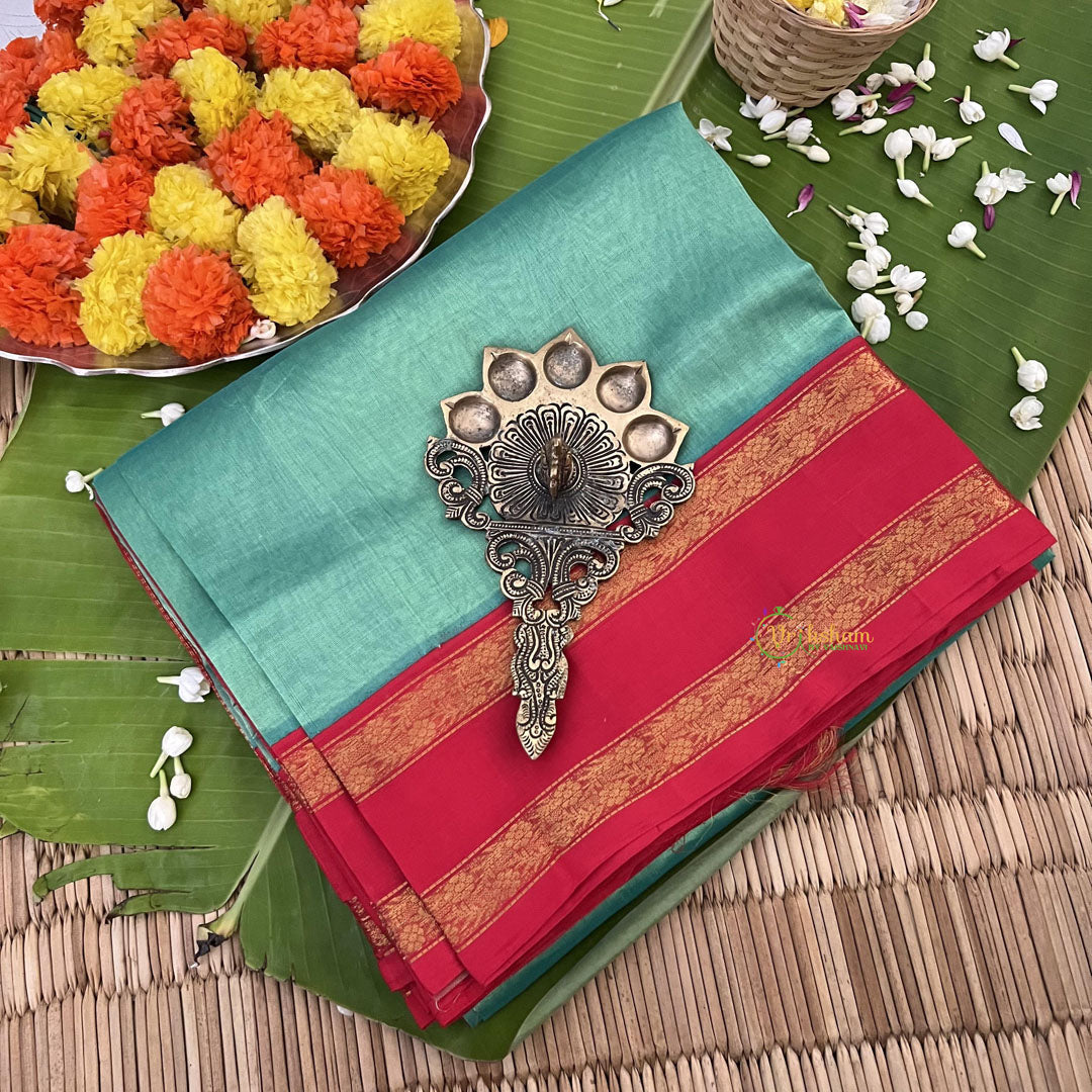 Mint Green with Red Border Silk Cotton Saree -Handloom -VS3200