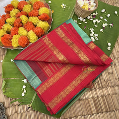 Mint Green with Red Border Silk Cotton Saree -Handloom -VS3200