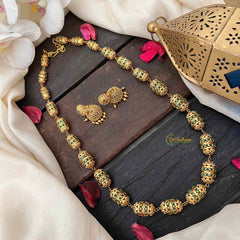 Vriksham Antique Gold Barrel Emerald Inspired Beaded Mala Neckpiece-G21989