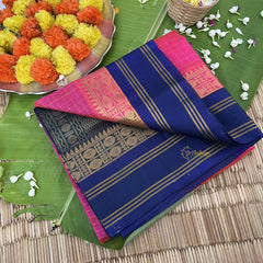 Hot Pink with Ink Blue Border Silk Cotton Saree-Handloom-Vairaoosi Podi Kattam-VS3366