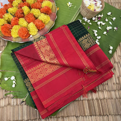 Bottle Green with Red Korvai Silk Cotton Saree-Vairaoosi Podi Kattam-Handloom-VS3393