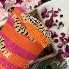 Vriksham Cotton Pouch, Purse for Women with Zipper-Orange & Pink-Tiger Print-G19049