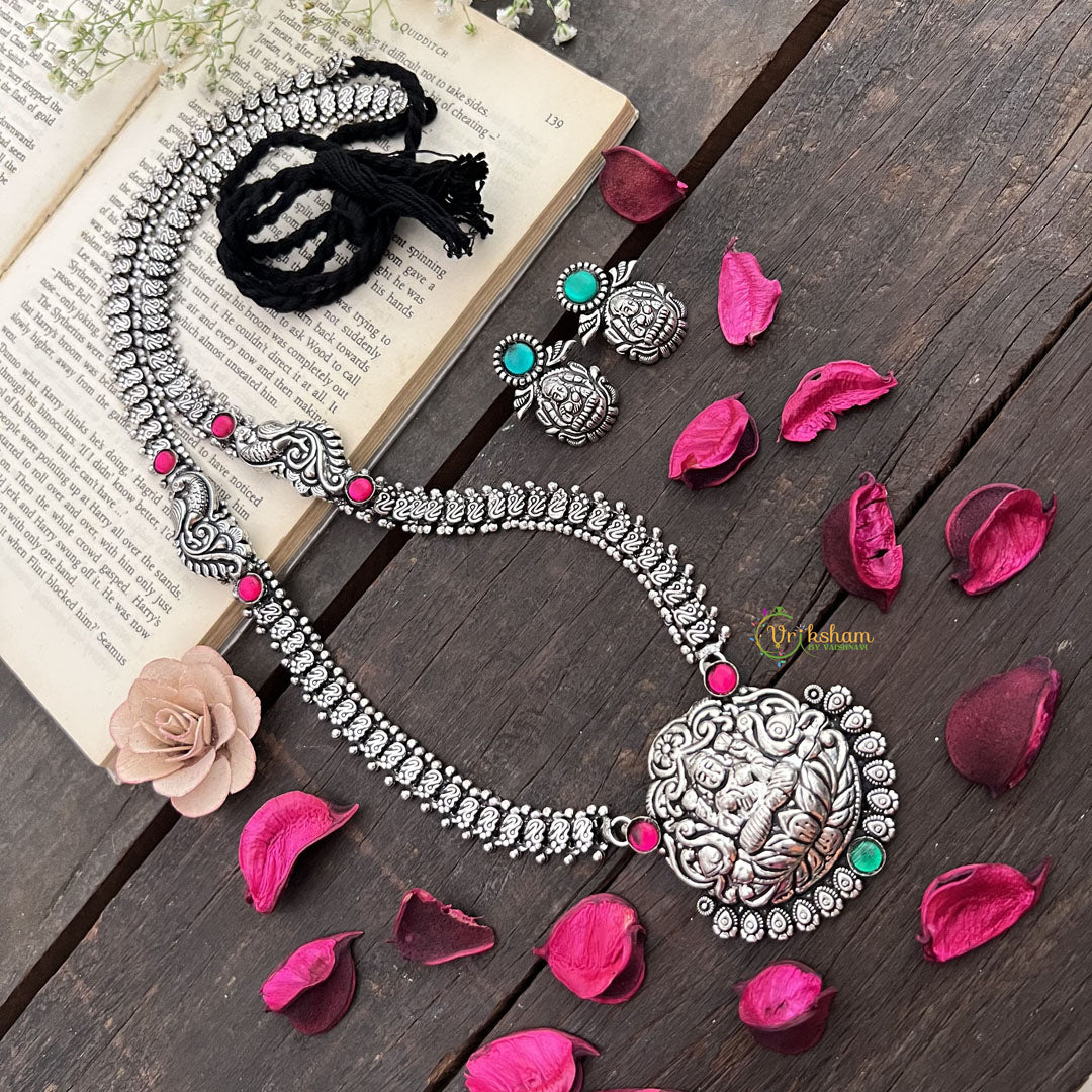 Vriksham Antique Oxidized Silver Temple Lotus Lakshmi Pendant & Nakshi Chain Long Haram-S1012