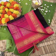 Black with Rani Pink Border Silk Cotton Saree-Handloom-VS4090