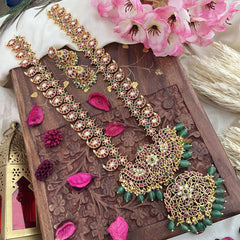 Vriksham Precious Dual Peacock Maanga Kemp Long Neckpiece-Green Bead-G18060