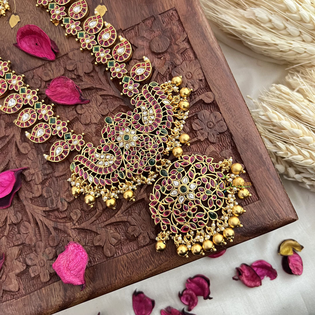 Vriksham Precious Dual Peacock Maanga Kemp Long Neckpiece-Gold Bead-G18059