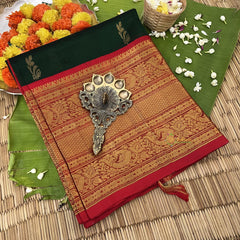 Forest Green with Orangish Red Silk Cotton Saree -VS1588