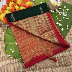 Forest Green with Orangish Red Silk Cotton Saree -VS1588