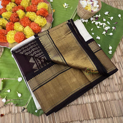 Half White Silk Cotton Saree with Dark Brown Border-VS677