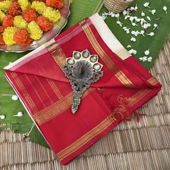 Half White Silk Cotton Saree With Red Border - Rettai Zari-VS667