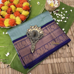 Pastel Green with Ink Blue Korvai Silk Cotton Saree-Handloom-VS3394