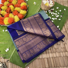 Pastel Green with Ink Blue Korvai Silk Cotton Saree-Handloom-VS3394