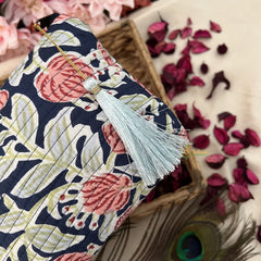 Vriksham Dark Blue Floral Print Cotton Pouch, Purse for Women with Zipper-G19047