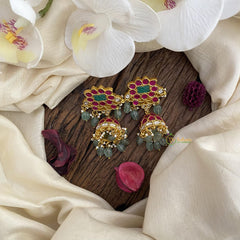 Designer Jadau Kundan Jhumka-Aqua Green Beads-J2422