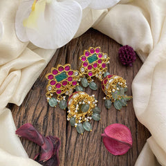 Designer Jadau Kundan Jhumka-Aqua Green Beads-J2422