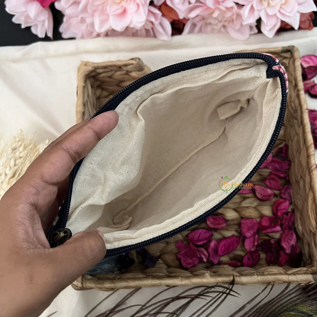 Vriksham Dark Blue Floral Print Cotton Pouch, Purse for Women with Zipper-G19047