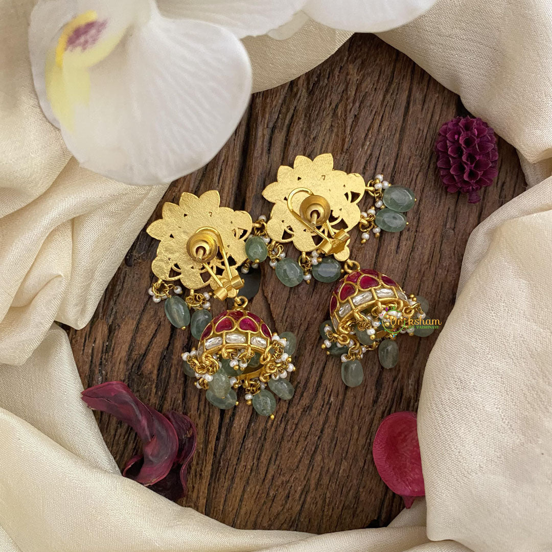 Designer Jadau Kundan Jhumka-Aqua Green Beads-J2422