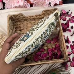 Vriksham Off White Floral Print Cotton Pouch, Purse for Women with Zipper-G19048