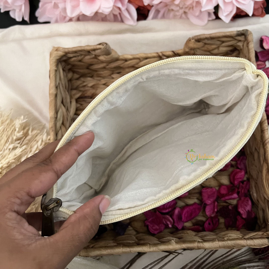 Vriksham Off White Floral Print Cotton Pouch, Purse for Women with Zipper-G19048