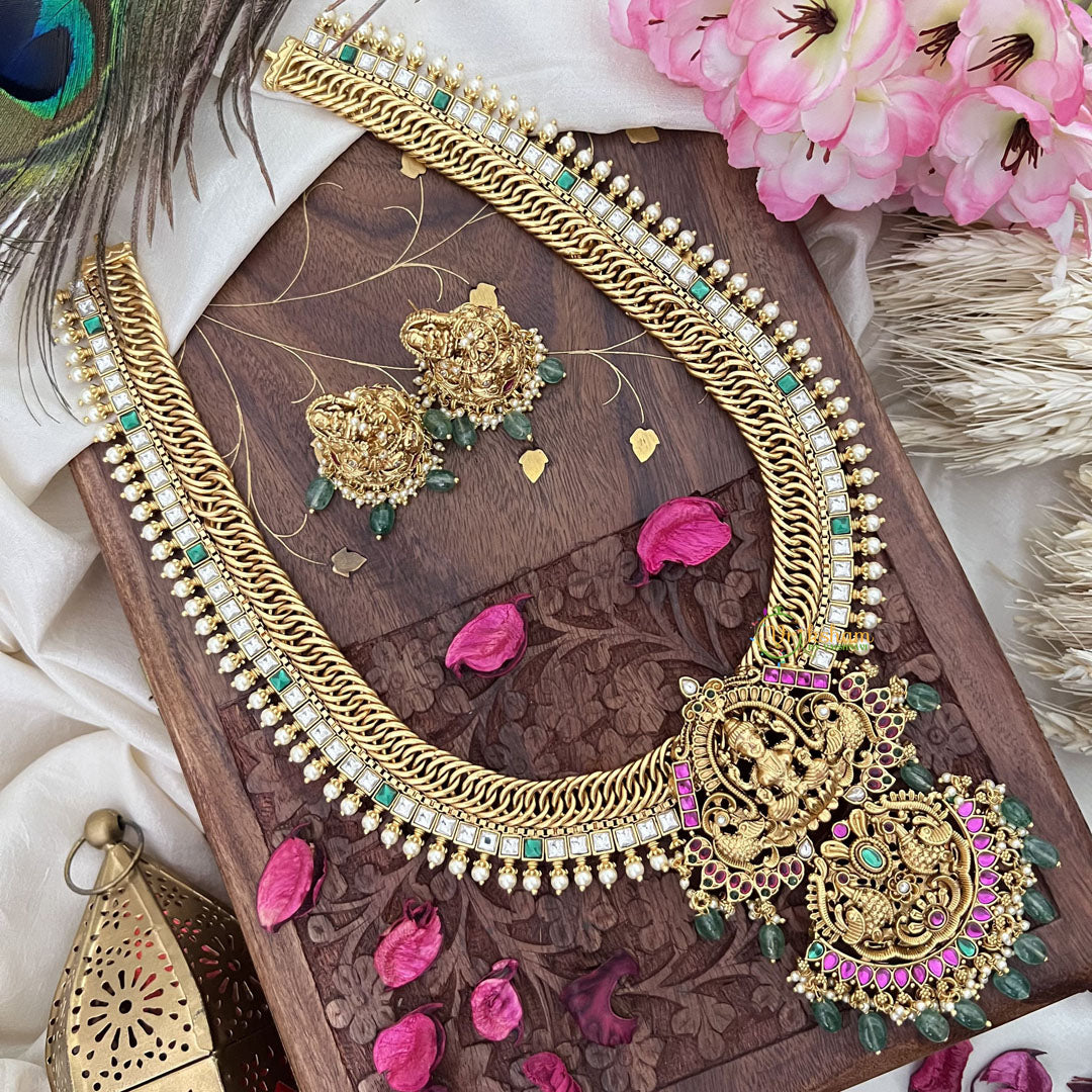 Vriksham Lakshmi With Dual Peacock Jalebi Style Long Neckpiece-Pastel Green Bead-G18085