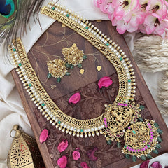 Vriksham Lakshmi With Dual Peacock Jalebi Style Long Neckpiece-Pastel Green Bead-G18085