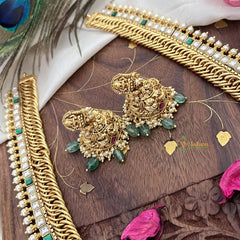 Vriksham Lakshmi With Dual Peacock Jalebi Style Long Neckpiece-Pastel Green Bead-G18085