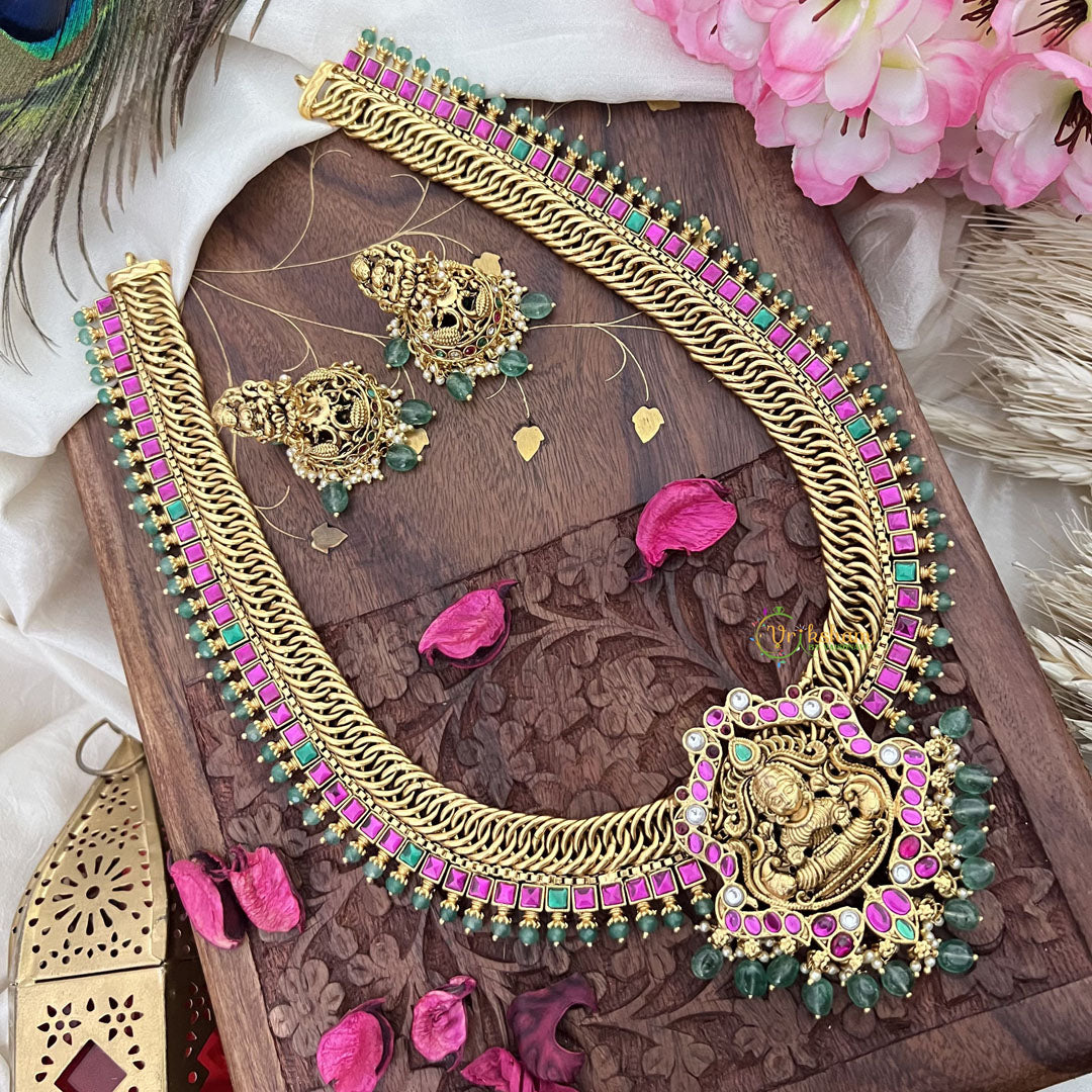 Vriksham Jalebi Style Lakshmi Pendant Long Neckpiece-Pastel Green Bead-G18086