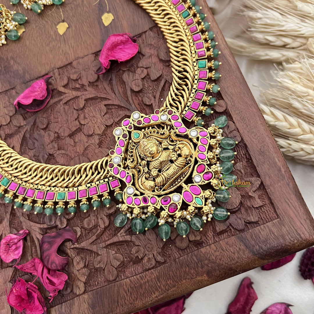 Vriksham Jalebi Style Lakshmi Pendant Long Neckpiece-Pastel Green Bead-G18086
