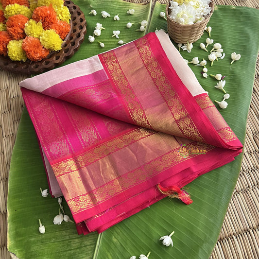 Half White Silk Cotton Saree With Pink Border -VS664