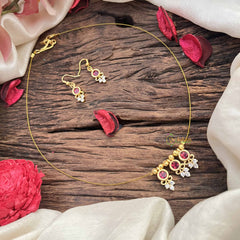 Vriksham Traditional 3 Round & Leaf Pendant Invisible Chain-White Red-G20607