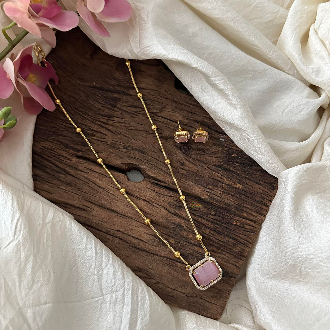 Simple Pastel Pink AD Stone Pendant Chain -Square-G12585