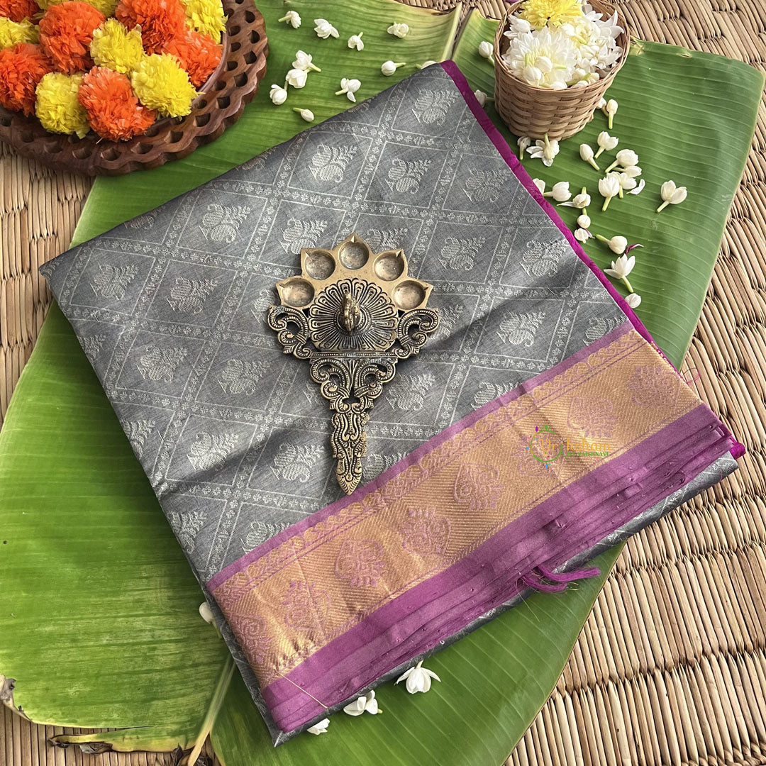 Grey with Purple Korvai Handloom Silk Cotton Saree-VS52