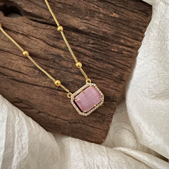 Simple Pastel Pink AD Stone Pendant Chain -Square-G12585