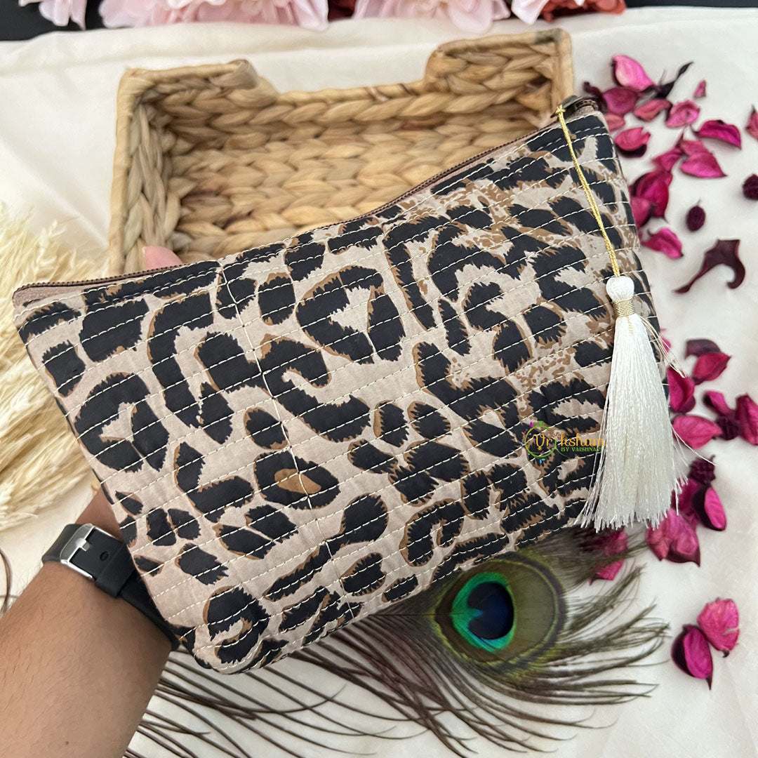 Vriksham Designer Cotton Pouch, Purse for Women with Zipper-Leopard Print-Beige-G19036