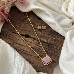 Simple Pastel Pink AD Stone Pendant Chain -Square-G12585