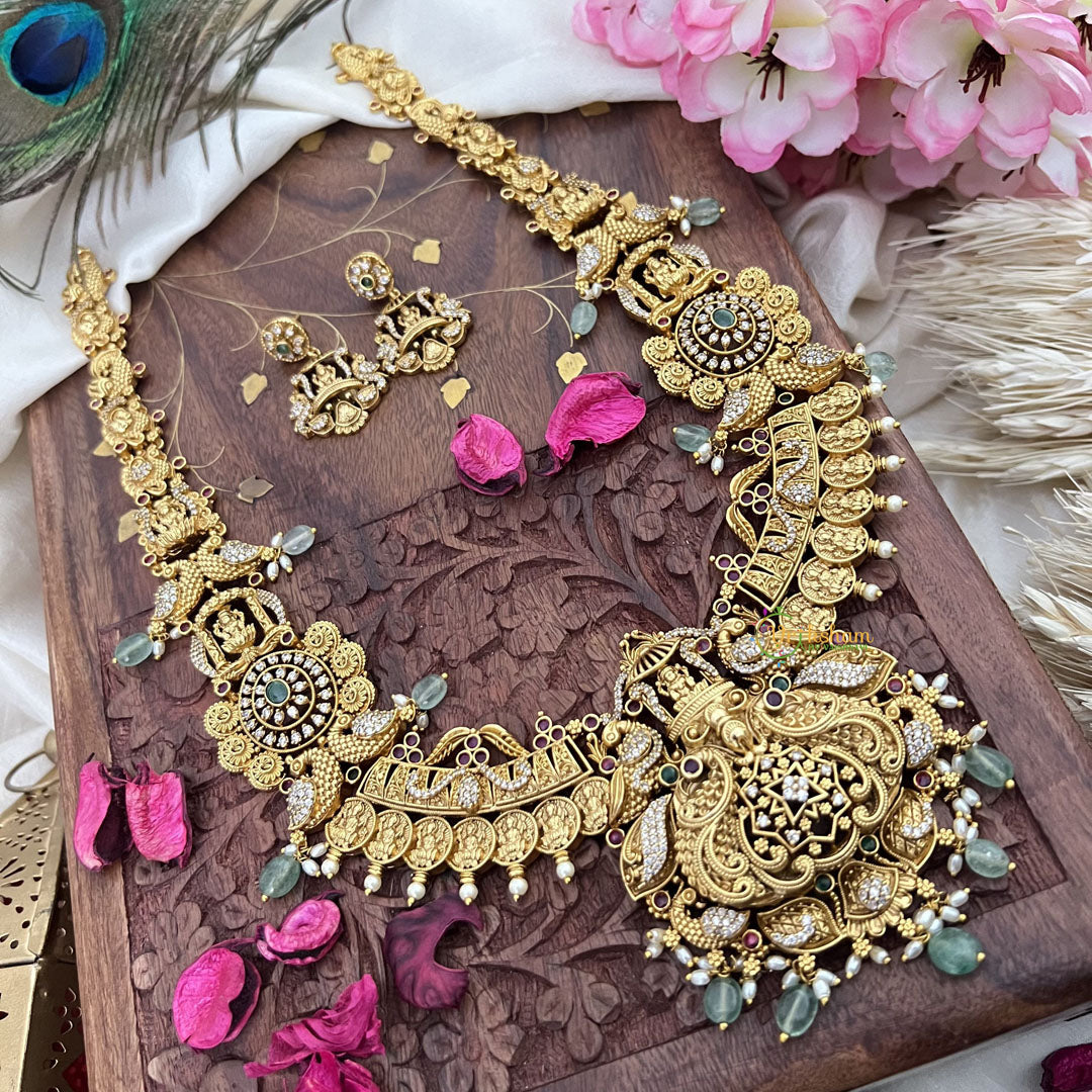 Vriksham AD Stone Dual Peacock Lakshmi Coin Long Neckpiece-Pastel Green Bead-G18092