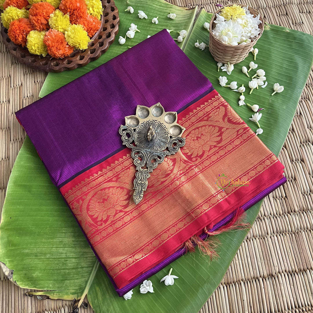 Violet with Red Border Silk Cotton Saree-Handloom-VS4086