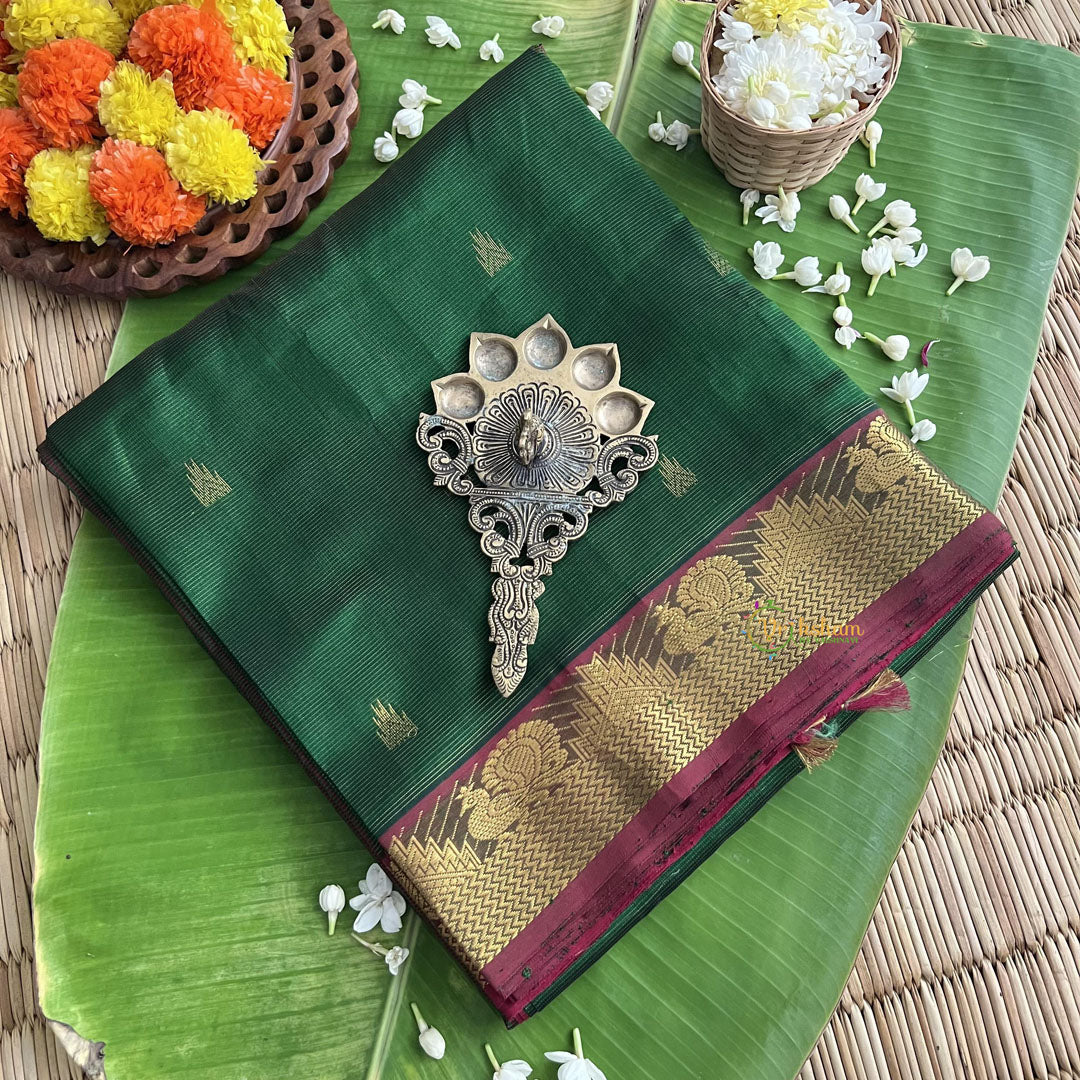 Green with Maroon Red Vairaoosi Silk Cotton Saree -VS1595