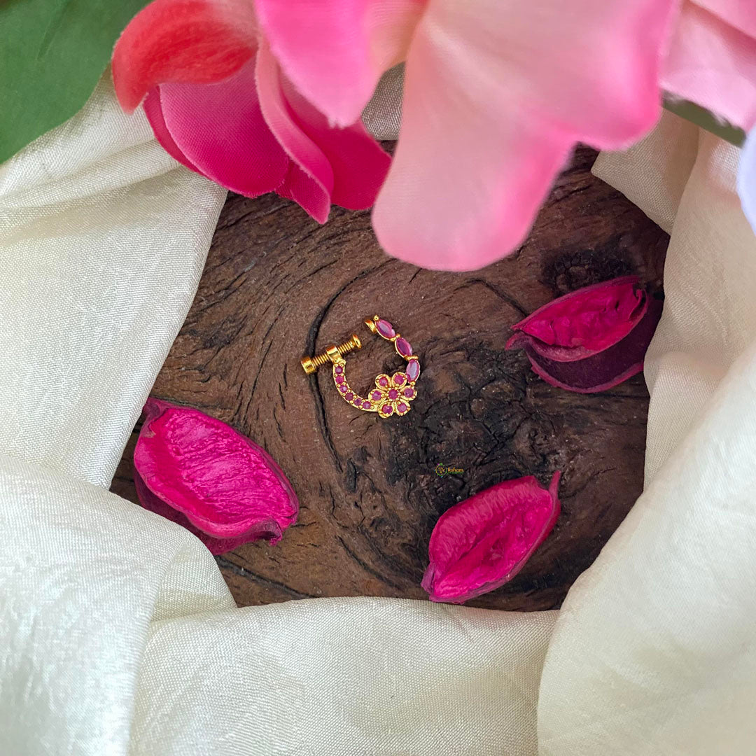 Stylish Floral AD Stone Nath / Nose pin-Red-G13834