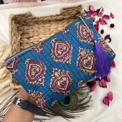 Vriksham Designer Cotton Pouch, Purse for Women with Zipper-Teal Blue-G19034