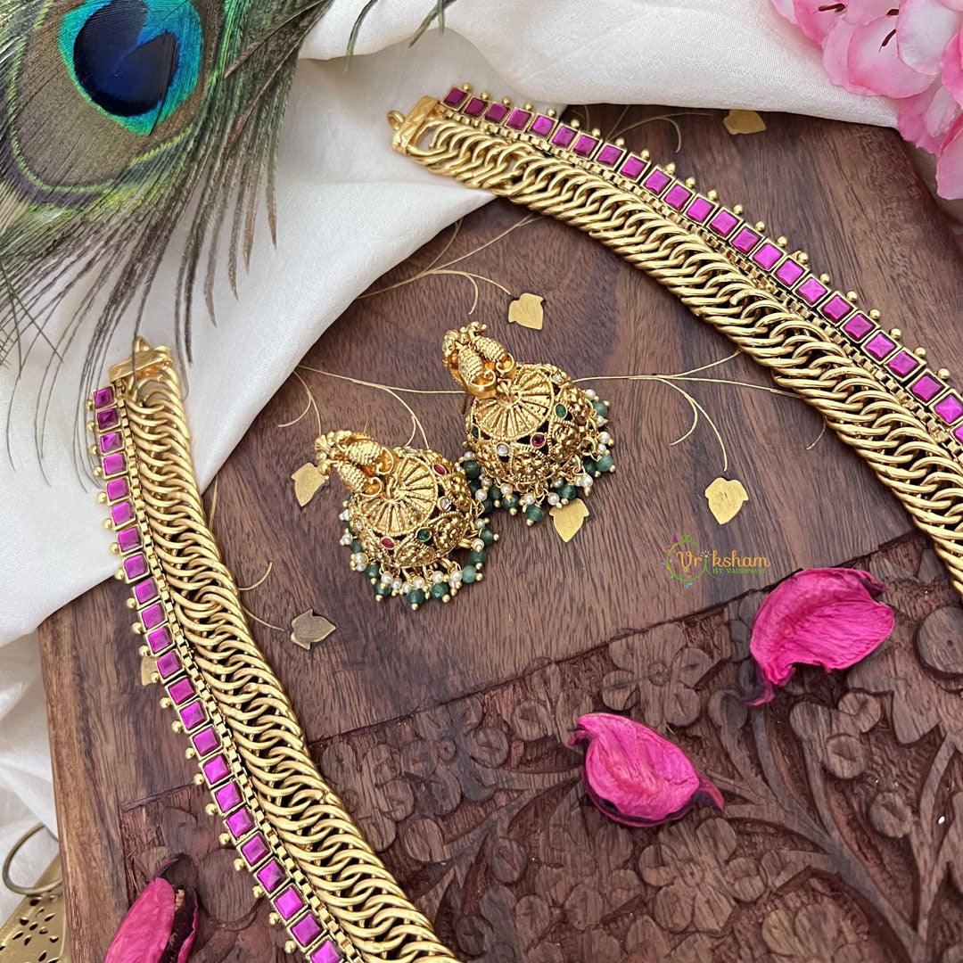 Vriksham Jalebi Style Lakshmi Pendant Long Neckpiece-Red-Pastel Green Bead-G18089